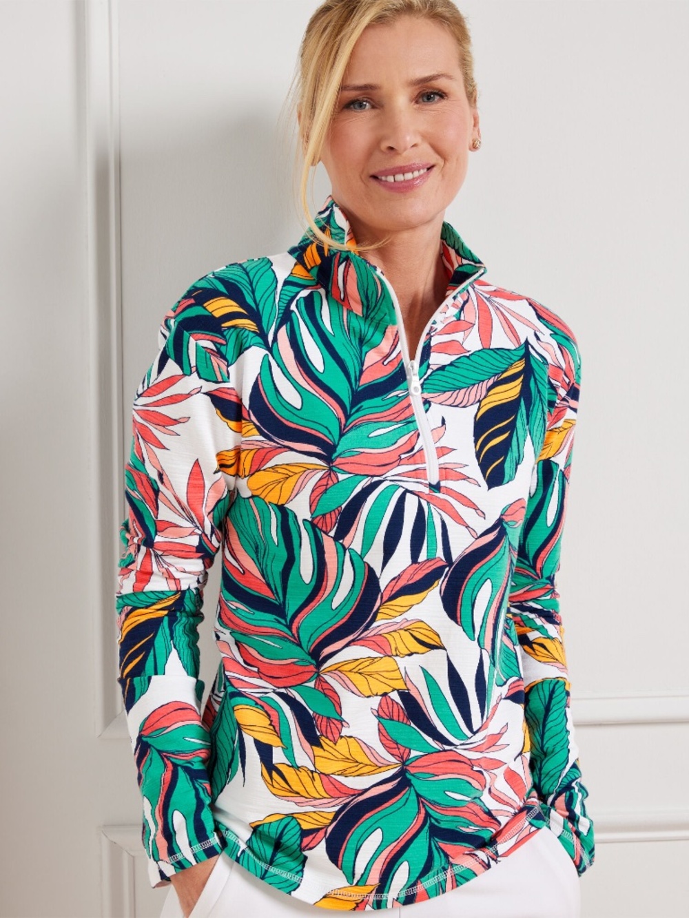 TALBOTS COZY CRUSH HALF ZIP PULLOVER - TROPICAL FRONDS 3X EUC